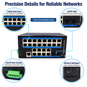 สวิตช์อุตสาหกรรมแบบจัดการได้ 24 พอร์ต L2 อีเธอร์เน็ตสวิตช์ 2 ช่อง SFP ติดตั้งบนราง DIN แบบไร้พัดลม รองรับความเร็ว 10/100/1000Mbps - Product Image 4
