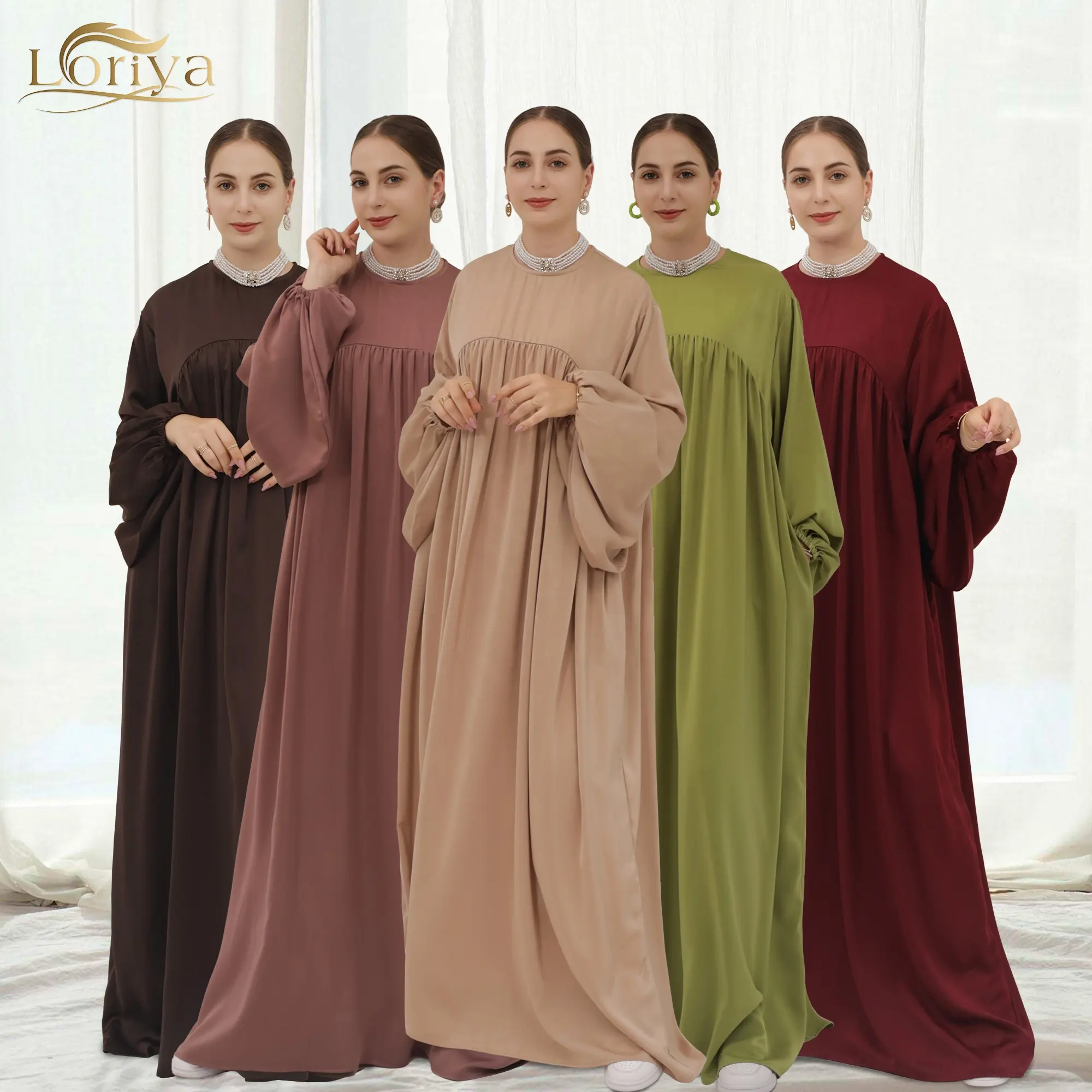 로리야 폐쇄 아바야 퍼프 슬리브 두바이 터키 히잡 드레스 2pcs 세트 이슬람 여성을위한 일반 아바야 이슬람 의류