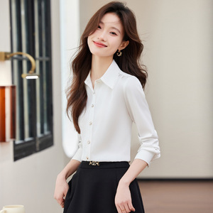 Women's White Satin Shirt Long Sleeve Solid Color Workwear Professional Blouse For Office Wear - Product Image 3