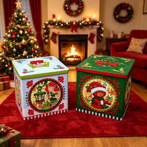 Cartoon Bear Elf Printed Eco-Friendly Recyclable Square Tinplate <b>Box</b> <b>Christmas</b> Cookie Gift Tin Containers Holiday Present Pack - Product Image 2