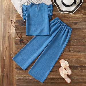 Vêtements pour enfants en gros – Nouvelle collection été 2025 – Tenues deux pièces pour adolescentes : <span class=keywords><strong>gilet</strong></span> plissé à volants et pantalon de couleur unie - Product Image 2