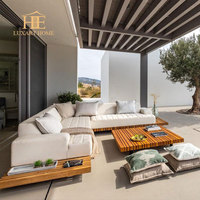 Ensemble de canapés en teck de luxe, canapé de jardin, villa, hôtel, canapé en bois résistant aux intempéries, canapé d'extérieur en forme de L