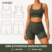 Ensemble de yoga personnalisé pour femme, imprimé léopard, respirant, extensible dans les quatre sens, soutien-gorge de sport et short cycliste taille haute, 2 pièces, tenue de sport privée