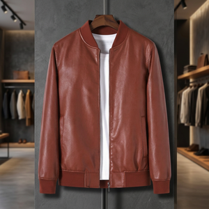 Chaqueta Bomber de Cuero PU para Hombre, Cuello Alto, Cierre de Cremallera, Estilo Casual, Color Sólido, Corte Regular, para Otoño - Product Image 3