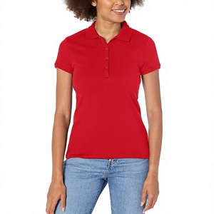 Polo à manches courtes rouge pour femme, couleur unie, style décontracté, tissu piqué 100% coton, longueur normale - Product Image 1