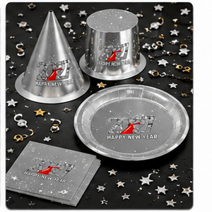 Fournitures pour fête du Nouvel <span class=keywords><strong>An</strong></span> 2027, ensemble de vaisselle jetable noir et argent, assiettes, gobelets, serviettes, décorations pour la fête du réveillon du Nouvel <span class=keywords><strong>An</strong></span> - Product Image 4
