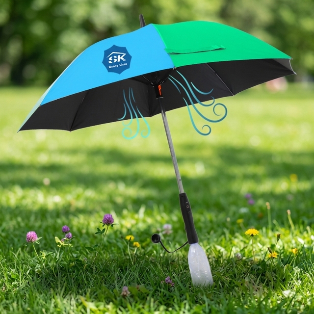 Custom Logo Built-in Fan Rain Straight Umbrellas USB Charging Sunshade Cooling Golf Umbrella