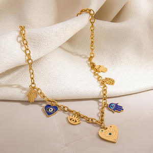 Collar de Acero Inoxidable para Mujer, Colgante de Ojo de Hamsa en Forma de Corazón, Cadena de Clavícula Chapada en Oro, Conjunto de Joyería de Moda SL41640 - Product Image 3
