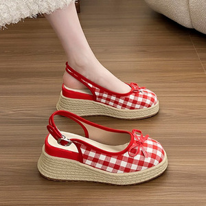 2025 verano Retro Plaid cuña tacón medio Slip-On sandalias para mujer diseño de moda transpirable Casual punta cerrada nuevo temperamento - Product Image 3
