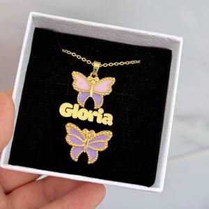 QIUHAN personalizado esmalte nombre encanto colgante collar Rosa mariposa anillos personalizado esmalte letra conjunto - Product Image 5