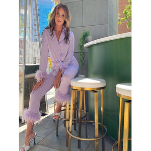 Custom Luxury Satin Silk Long Sleeve <strong>Top</strong> and Pants Two Piece Women Pajamas Set With <strong>Feather</strong> - Product Image 5