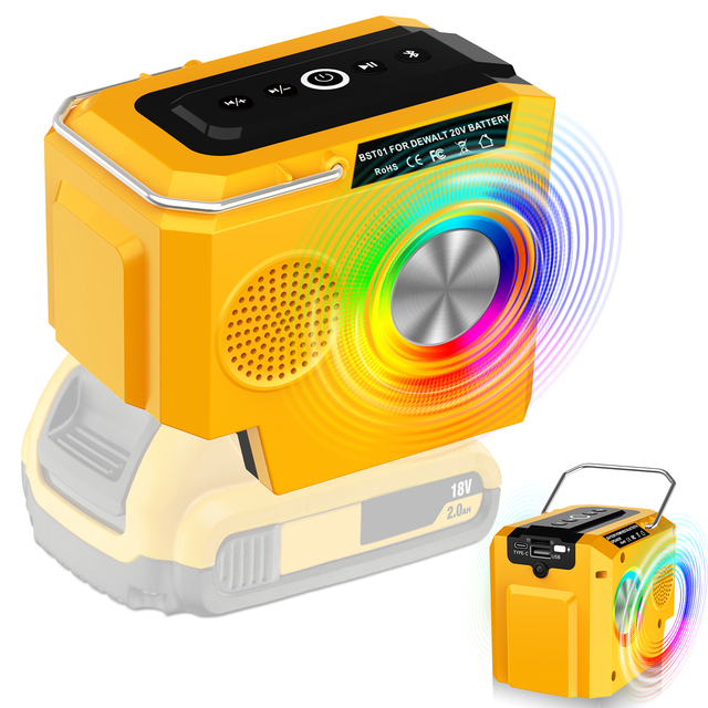 2024 Factory New Arrival BT Speaker Suit for DeWALT 18v 20v 60v Max Battery with USB-A/C Charging for Jobsite Camping & Parties