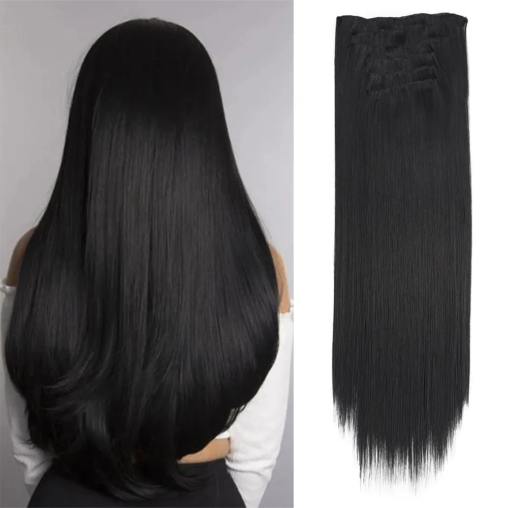 22Inchs 16 Clips in Hair Extensions Long Straight Hairstyle Synthetic Blonde Black Hairpieces Heat Resistant False Hair