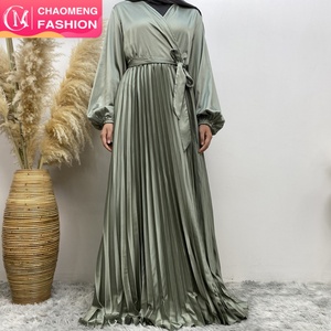 6377# Chic and Elegant Design Elastic Cuff Long Sleeves V Neck Pleated Satin Dress Match All Occasions Muslim <b>Islamic</b> Clothing - Product Image 1