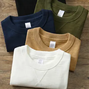 Custom Slub Cotton T-Shirts Solid O-Neck Knitted Fabric Bamboo Fabric Heavy Slub Cotton Tshirt