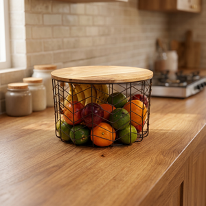 Panier de rangement rond en métal avec couvercle pour cuisine, conteneur alimentaire, design minimaliste, en fil de fer, à un seul niveau - Product Image 2
