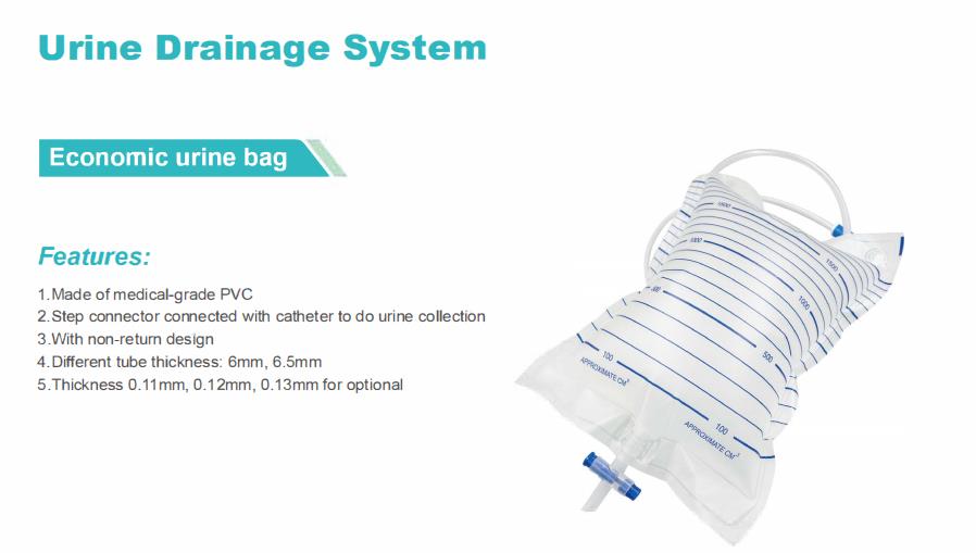 Bolsa de colección de orina de PVC estándar de 2000 ml con válvula de empuje y tracción para drenaje médico con tubo