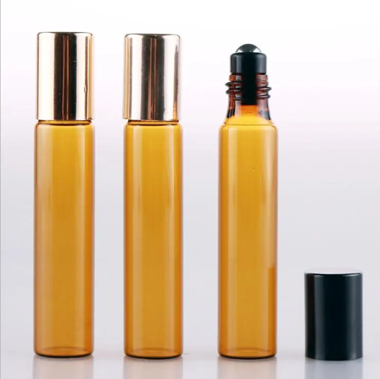 Botellas de vidrio ámbar portátiles con rodillo para aceite esencial, 10ml