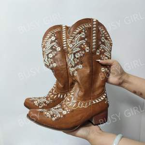 <span class=keywords><strong>Botas</strong></span> Altas hasta la Rodilla BUSY GIRL KMF3001 para <span class=keywords><strong>Mujer</strong></span>, <span class=keywords><strong>Botas</strong></span> Vaqueras con Tacón Cuadrado, Bordado Floral, Estilo Occidental - Product Image 5