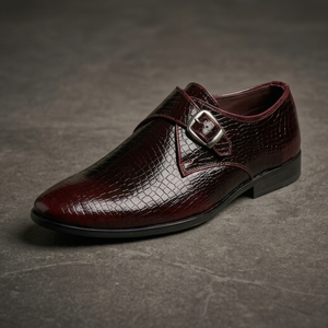 Chaussures habillées Oxford pour hommes, motif crocodile bordeaux, à boucle réglable, élégantes pour tenue de bureau formelle - Product Image 1