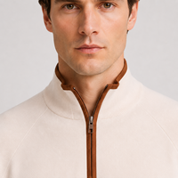 Pull en laine mérinos et cachemire pour homme, col montant, fermeture éclair quart de tour, manches raglan, finition en cuir, tricoté, OEM