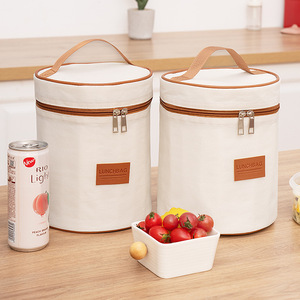 Round Bento Bag Beige 18.5x18.5x23cm <b>Insulated</b> <b>Lunch</b> <b>Box</b> Outdoor Picnic School Use - Product Image 3