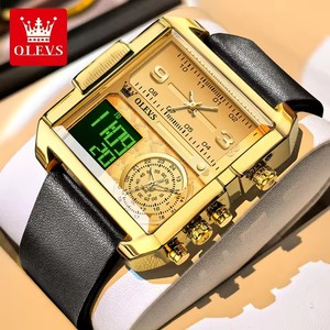   Montre pour homme, bracelet en cuir tendance, montre électronique carrée à quartz, montres pour hommes, double fuseau horaire, alarme, chronomètre lumineux - Product Image 5
