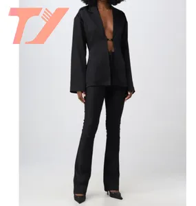 TUOYI, conjunto de logotipo personalizado, camisas de manga larga con solapa, trajes de pantalón de lino y algodón, pantalones de pierna ancha con cintura elástica, 2 piezas