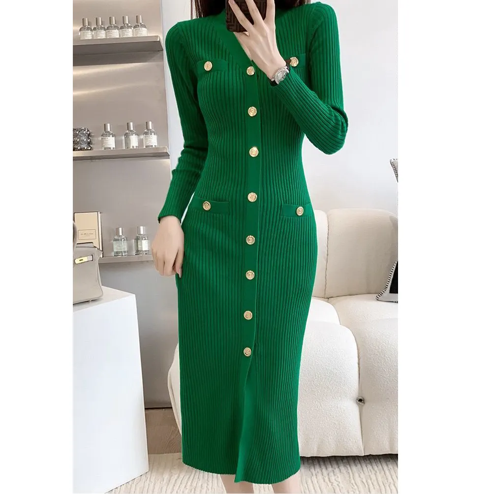 Mùa Thu Phụ Nữ Quần Áo Dài Tay Áo V Cổ Ăn Mặc Giản Dị Dresses Trang Phục Chính Thức Thanh Lịch Midi Đan Ăn Mặc Dành Cho Phụ Nữ