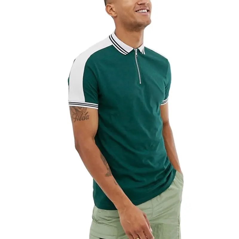 new new design Wholesale zip neck 100% pique cotton polo shirt with tipping and contrast shoulder panel