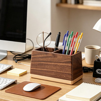 Organisateur de bureau en bois à double compartiment, en noyer et hêtre, poli à la main, pour stylos, télécommandes et rangement de bureau