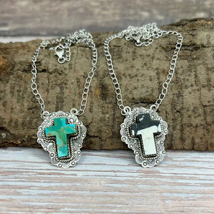 HANDMADE STERLING SILVER WHITE BUFFALO KINGMAN TURQUOISE <b>CROSS</b> <b>NECKLACE</b> JEWELRY <b>FOR</b> <b>WOMEN</b> - Product Image 1