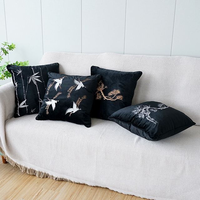 New Square Chinese Style Embroidery Velvet Pillowcase Light Luxury Modern Home Sofa Cushion Cover Pine Bamboo Crane
