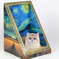 Poteau à gratter pour chat en papier ondulé écologique, motif peinture à l'huile artistique, avec maisonnette triangulaire stable pour animaux de compagnie