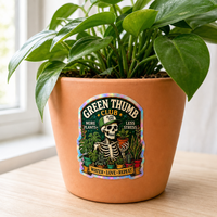 Stiker Hologram Custom Logo Green Thumb Club Skeleton Gardener, Stiker Anti Air untuk Pot Bunga