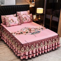 Parure de lit 3 pièces de luxe en microfibre, motif paon bleu sarcelle imprimé dessin animé, résistante à l'eau, rafraîchissante, avec jupe de lit à volants en dentelle