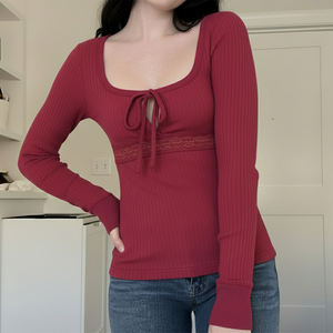 Pure Desire Girly Style U-Neck <b>Slim</b> Fit T-Shirt Waist Lace Patchwork Bow <b>Tie</b> Long Sleeve Ribbed Base Layer - Product Image 6