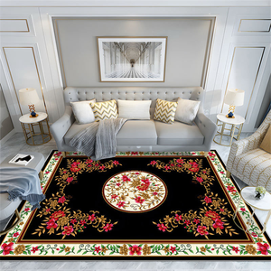 Tapis rectangulaire traditionnel à motifs floraux or, noir et rouge, fabriqué à la machine, antidérapant, pour salon, en polypropylène, à poils ras - Product Image 3