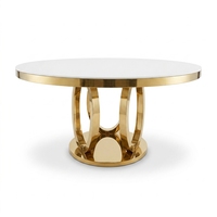 Mesa de Comedor Redonda de Acero Inoxidable con Diseño de Anillo Dorado y Tapa Blanca para Banquetes y Eventos