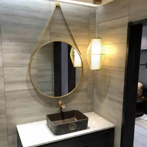 Modern Home Decor Metal Framed Circle Bathroom Movable Decorative Hanging Wall Mirror With PU Leather Strap