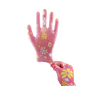 Gants enduits de nitrile de travail de doublure imprimée de vente chaude pour l'agriculture de femme de jardinage