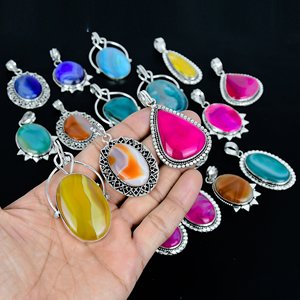 Vente en gros de pendentifs en agate 100% naturelle multicolore faits à la main en argent sterling 925 plaqué bijoux pour fiançailles mariage noël - Product Image 2