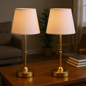 Lot de 2 lampes de table sans fil, base en métal doré, abat-jour en tissu blanc, lampe de bureau LED, alimentée par batterie, éclairage de chambre à coucher - Product Image 2