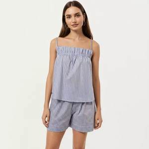 Ensemble pyjama rayé pour <span class=keywords><strong>femme</strong></span>, débardeur bandeau sans bretelles, short taille élastique, léger et respirant en coton - Product Image 3