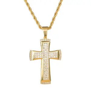 Hot Sale 5A Zircon Pyrimidine Setting 18k Real Gold Plated Cross Pendant Necklace For Men Religion Jewelry