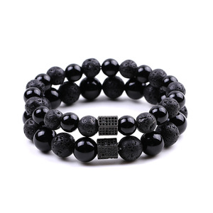 10mm Natural Black Onyx Bracelet – Mixed with Cubic Zirconia Beads Stretch <b>Men</b>’s Beaded Jewelry - Product Image 1