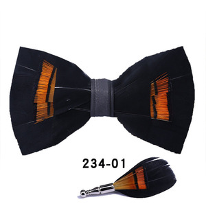 Papillon da <span class=keywords><strong>uomo</strong></span> fatto a mano in piuma naturale e pelle PU, pre-annodato, <span class=keywords><strong>con</strong></span> spilla coordinata, set <span class=keywords><strong>di</strong></span> accessori per abito formale da matrimonio - Product Image 2