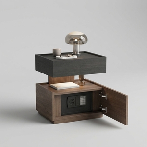Comodino Minimalista in Legno Stile Italiano con Cassaforte Integrata, Unità di Stoccaggio Compatta di Lusso Leggero e di Alta Gamma - Product Image 1