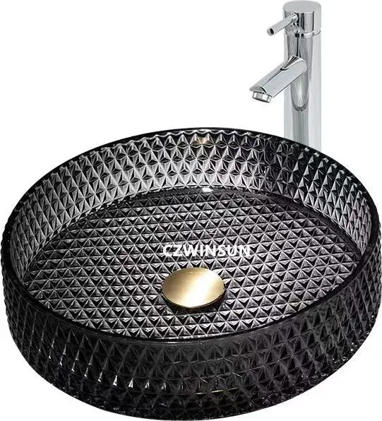 Modern elegant black glass bathroom sinks round glass basin faucet bathroom basin