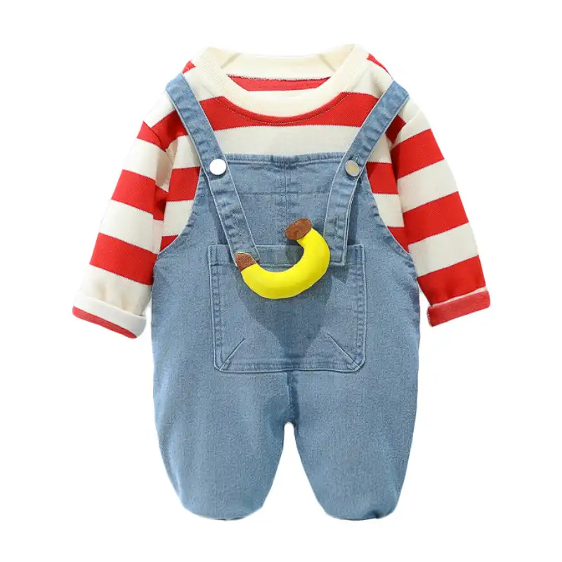 2022 Spring Children Striped Pullover Denim Straps Pants Set Baby Boys Clothing Set